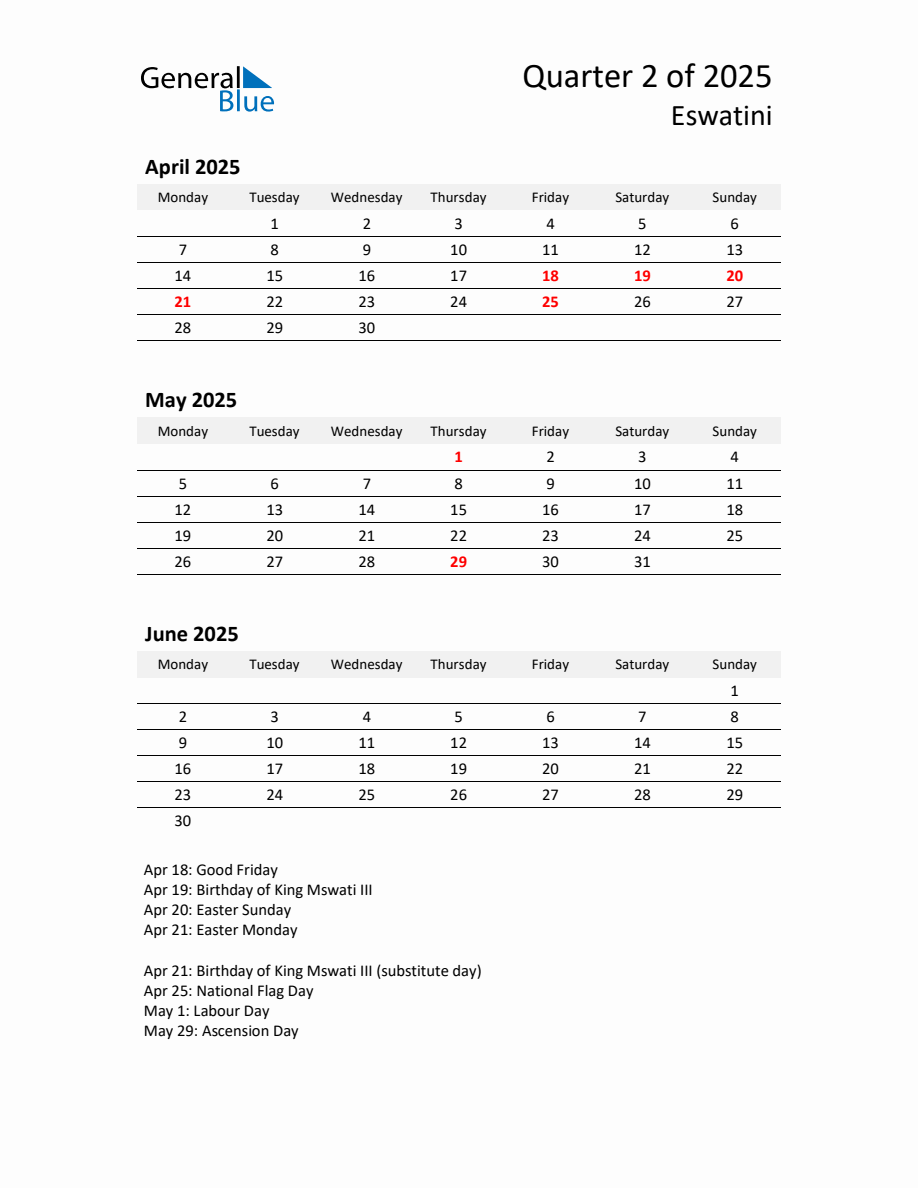 Three-Month Calendar for Eswatini (Q2 of 2025) - Monday Start