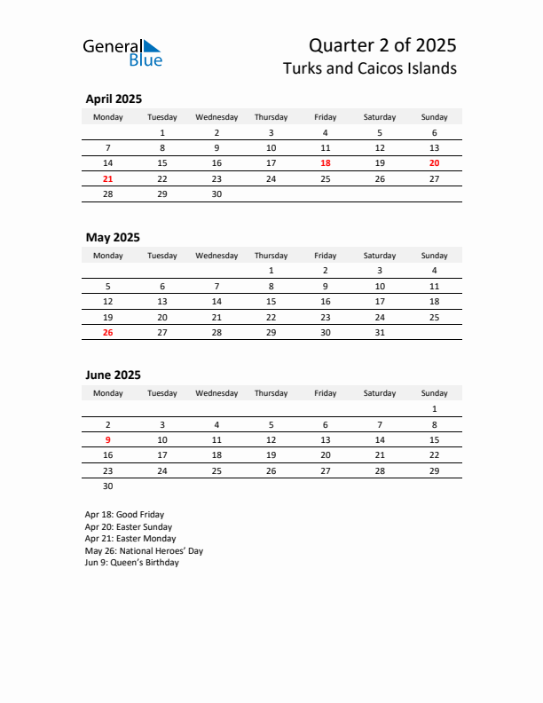 2025 Q2 Three-Month Calendar for Turks and Caicos Islands
