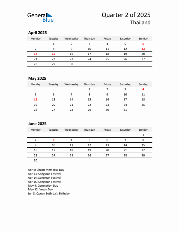 2025 Q2 Three-Month Calendar for Thailand