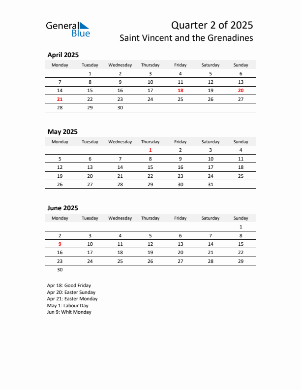 2025 Q2 Three-Month Calendar for Saint Vincent and the Grenadines