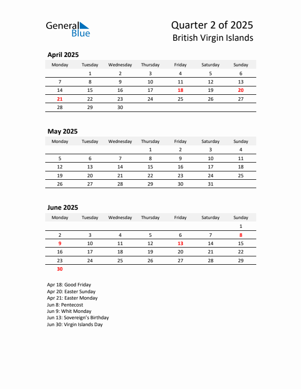 2025 Q2 Three-Month Calendar for British Virgin Islands