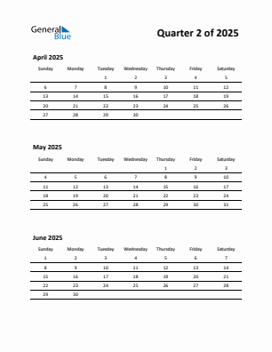 Quarter 2 2025 calendar template