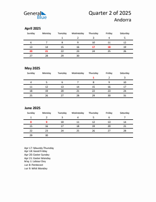 Andorra Quarter 2 2025 calendar template