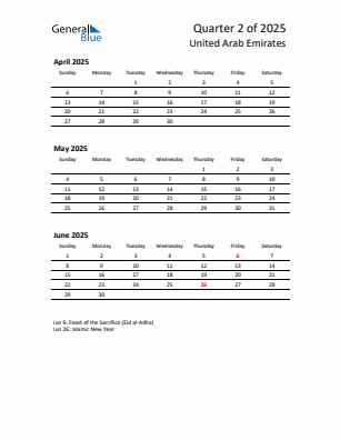 United Arab Emirates Quarter 2 2025 calendar template