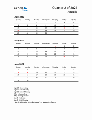 Anguilla Quarter 2 2025 calendar template