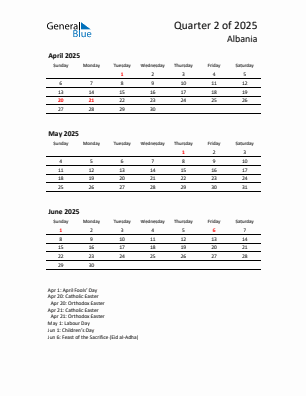 Albania Quarter 2 2025 calendar template