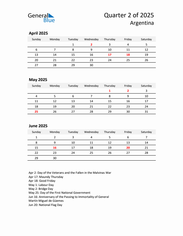 2025 Q2 Three-Month Calendar for Argentina