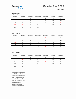 Austria Quarter 2  2025 calendar template