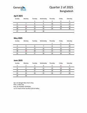 Bangladesh Quarter 2 2025 calendar template