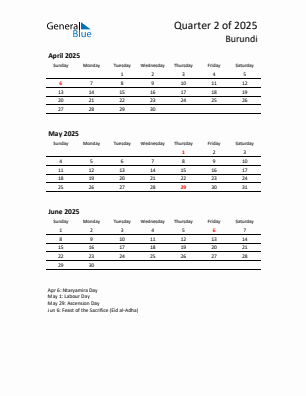 Burundi Quarter 2 2025 calendar template