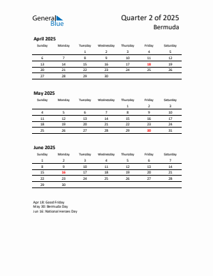 Bermuda Quarter 2 2025 calendar template