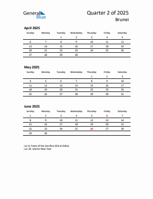 Brunei Quarter 2 2025 calendar template