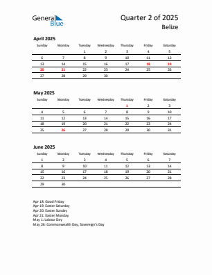 Belize Quarter 2 2025 calendar template