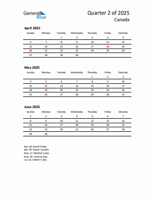 Canada Quarter 2 2025 calendar template