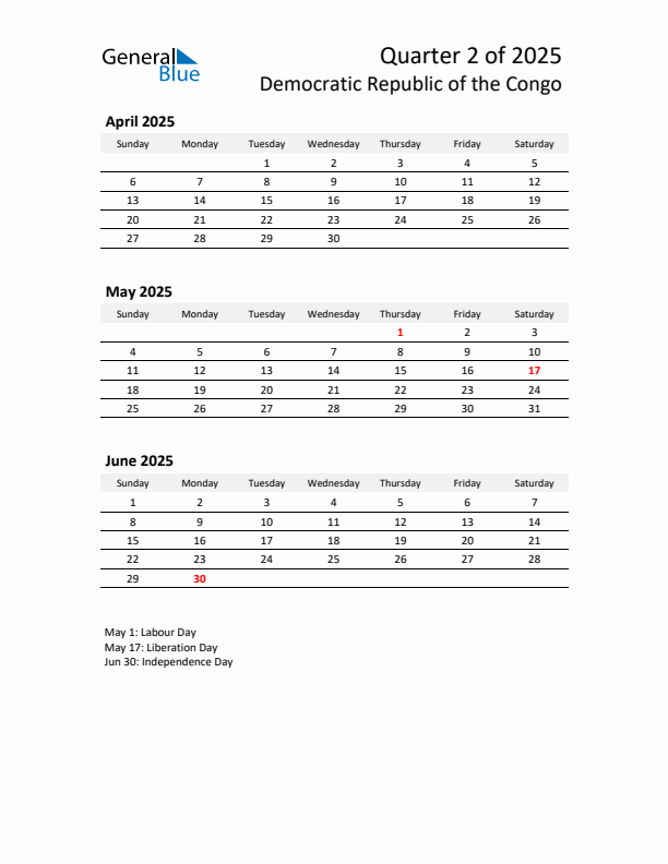 2025 Q2 Three-Month Calendar for Democratic Republic of the Congo