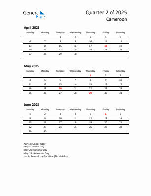 Cameroon Quarter 2 2025 calendar template