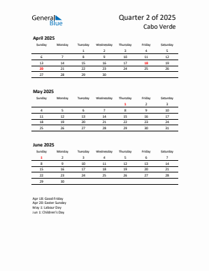 Cabo Verde Quarter 2 2025 calendar template