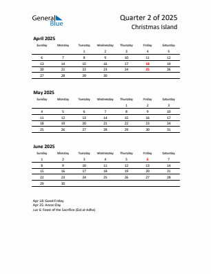 Christmas Island Quarter 2 2025 calendar template