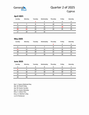 Cyprus Quarter 2 2025 calendar template