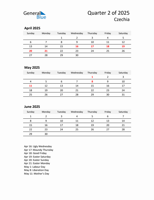 2025 Q2 Three-Month Calendar for Czechia