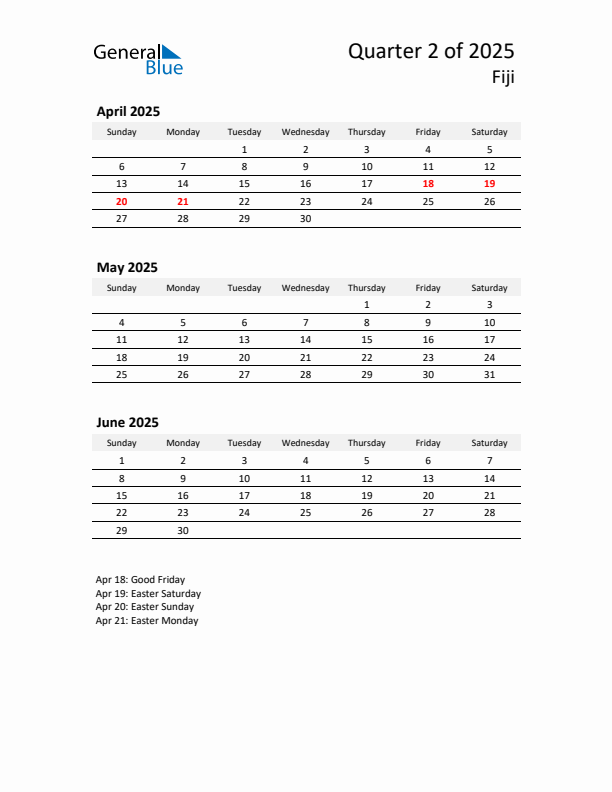 2025 Q2 Three-Month Calendar for Fiji