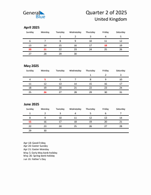 United Kingdom Quarter 2 2025 calendar template