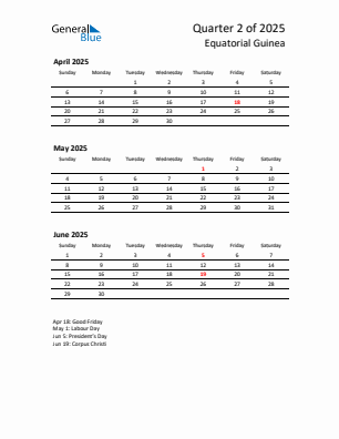 Equatorial Guinea Quarter 2 2025 calendar template