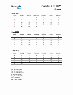 Greece Quarter 2 2025 calendar template