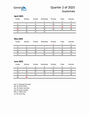 Guatemala Quarter 2 2025 calendar template