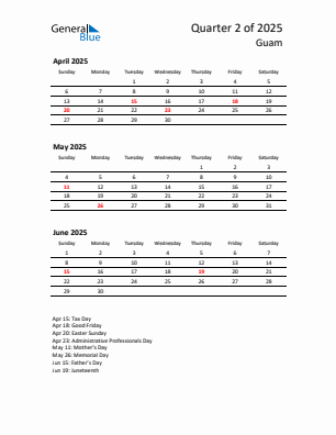 Guam Quarter 2 2025 calendar template
