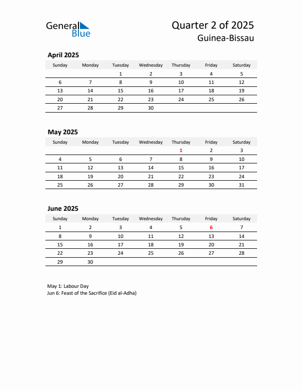 2025 Q2 Three-Month Calendar for Guinea-Bissau