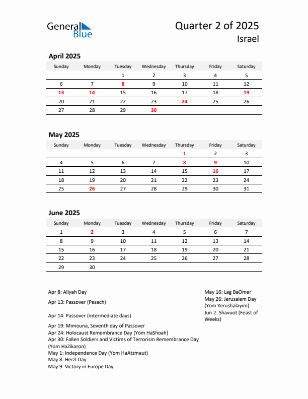 2025 Q2 Three-Month Calendar for Israel