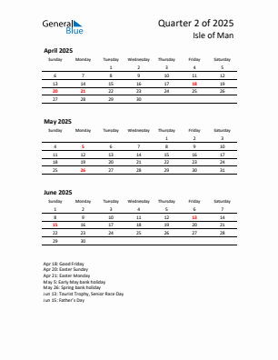 Isle of Man Quarter 2 2025 calendar template