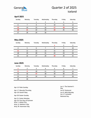 Iceland Quarter 2 2025 calendar template