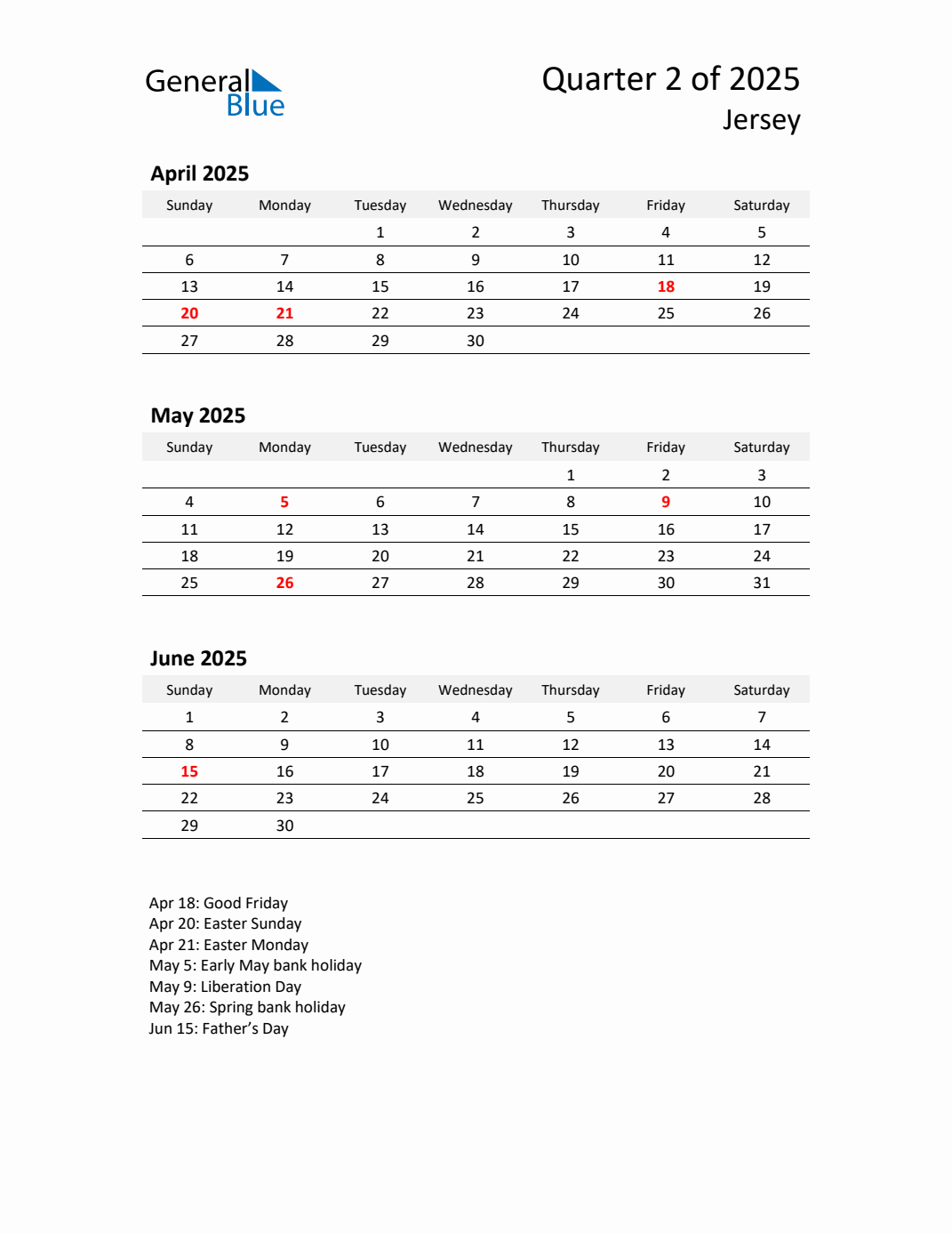 Q2 2025 Quarterly Calendar with Jersey Holidays (PDF, Excel, Word)