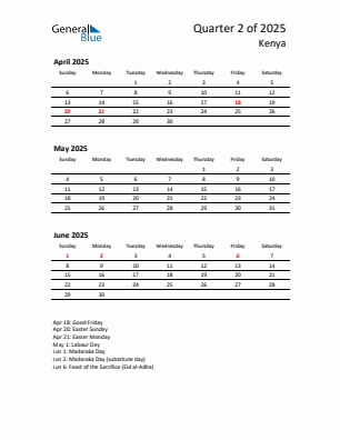 Kenya Quarter 2 2025 calendar template