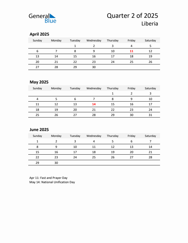 2025 Q2 Three-Month Calendar for Liberia