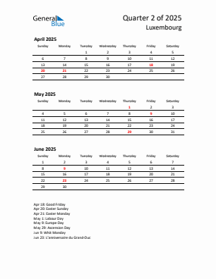 Luxembourg Quarter 2 2025 calendar template