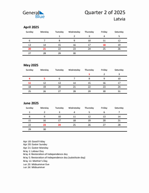 Latvia Quarter 2 2025 calendar template