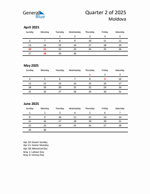 Moldova Quarter 2 2025 calendar template