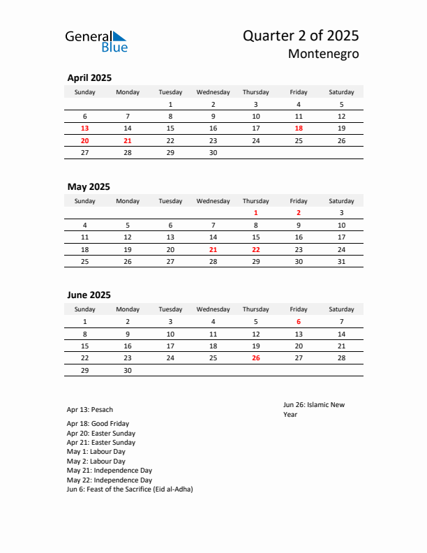 2025 Q2 Three-Month Calendar for Montenegro