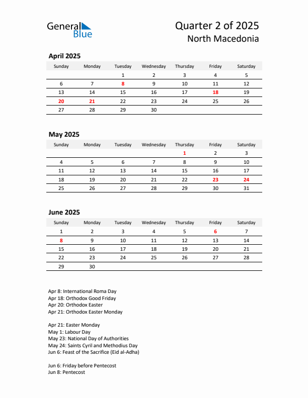 2025 Q2 Three-Month Calendar for North Macedonia