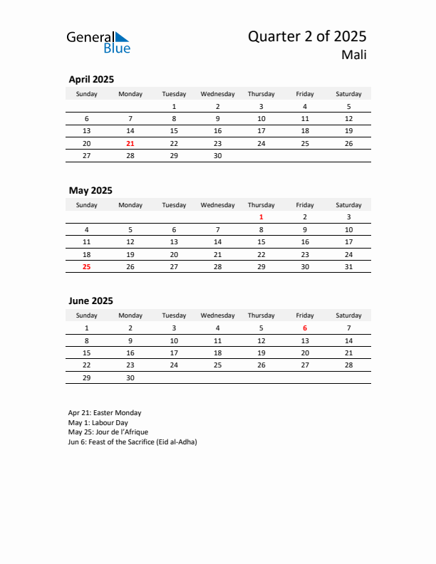 2025 Q2 Three-Month Calendar for Mali