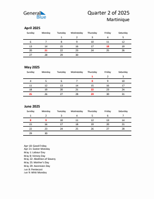Martinique Quarter 2 2025 calendar template