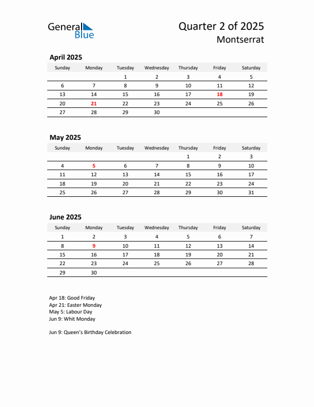 2025 Q2 Three-Month Calendar for Montserrat