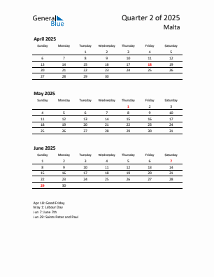 Malta Quarter 2 2025 calendar template