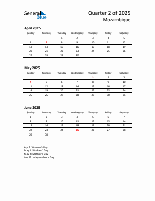 Mozambique Quarter 2 2025 calendar template