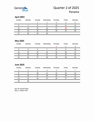 Panama Quarter 2 2025 calendar template