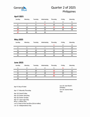Philippines Quarter 2 2025 calendar template