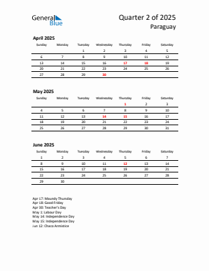 Paraguay Quarter 2 2025 calendar template